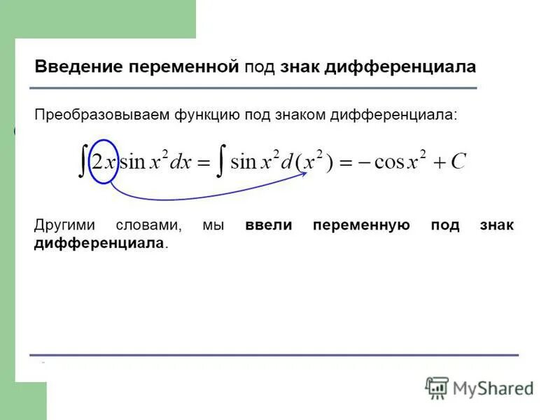 Внесение под знак дифференциала. Внесение под знак дифференциала примеры. Метод внесения под знак дифференциала. Внесение под знак дифференциала интегралы.