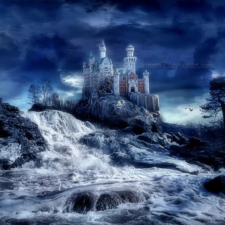Мистический замок. Замок фэнтези. Зимний замок ночью. «Таинственный замок». Загадочный замок