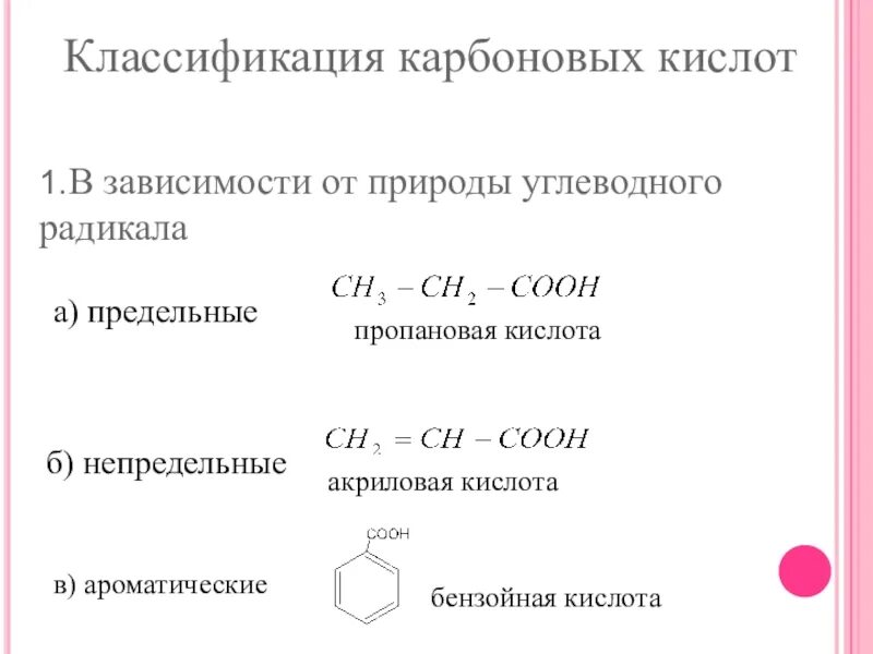 Степени карбоновые кислоты. Радикалы карбоновых кислот. Классификация карбоновых кислот. Классификация карбоновых кислот по радикалу. Непредельные и ароматические карбоновые кислоты.