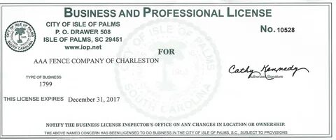 Business Licenses - AAA Fence Charleston.