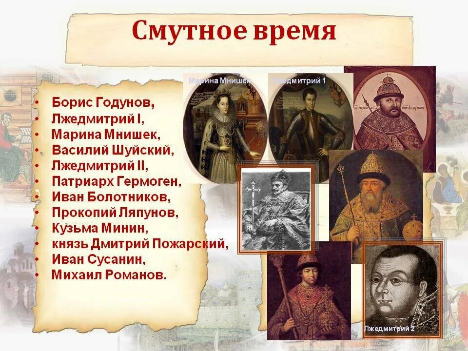 Как было прозвано в народе боярское правительство. Участники смуты 16 века. Годунов Лжедмитрий Шуйский. Смутсмутное время в России. Исторические личности смутного времени.