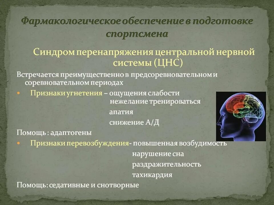 Синдром угнетения цнс. Фармакологическое обеспечение. фармакологическое обеспечение спортсменов. синдромы заболеваний нервной системы. перенапряжение нервной системы.