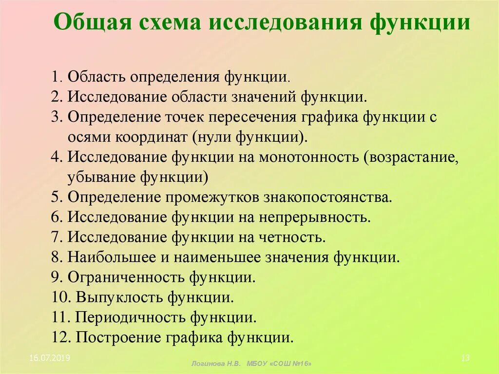 Схема исследования свойств функции. Общая схема исследования функции. Этапы исследования функции. Опишите схему исследования функции.