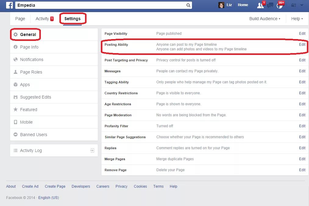 Facebook settings. Settings Page. Facebook account settings. Page Edit.