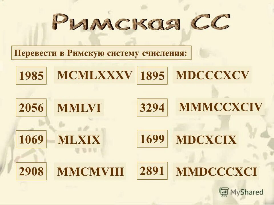 Переведите в римскую систему числа. Переведите числа из римской системы счисления в десятичную. Переведите в римскую систему числа. Из римской в десятичную. Переведите числа из римской системы.