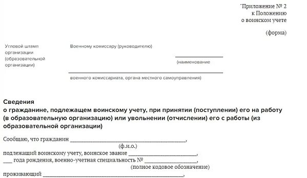 Уведомить военкомат о работе. Заявление о постановке на воинский учет компании. Форма постановки на учет в военкомат. Сведения о гражданине подлежащем воинскому учету образец. Приложение 2 к положению о воинском учете образец.