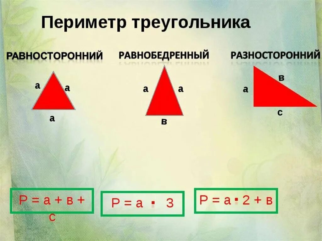 Разносторонний треугольник формула. Формула нахождения периметра треугольника 4 класс. Формула нахождения периметра треугольника 5 класс. Формула нахождения периметра равностороннего треугольника. Формула нахождения периметра треугольника 3 класс.