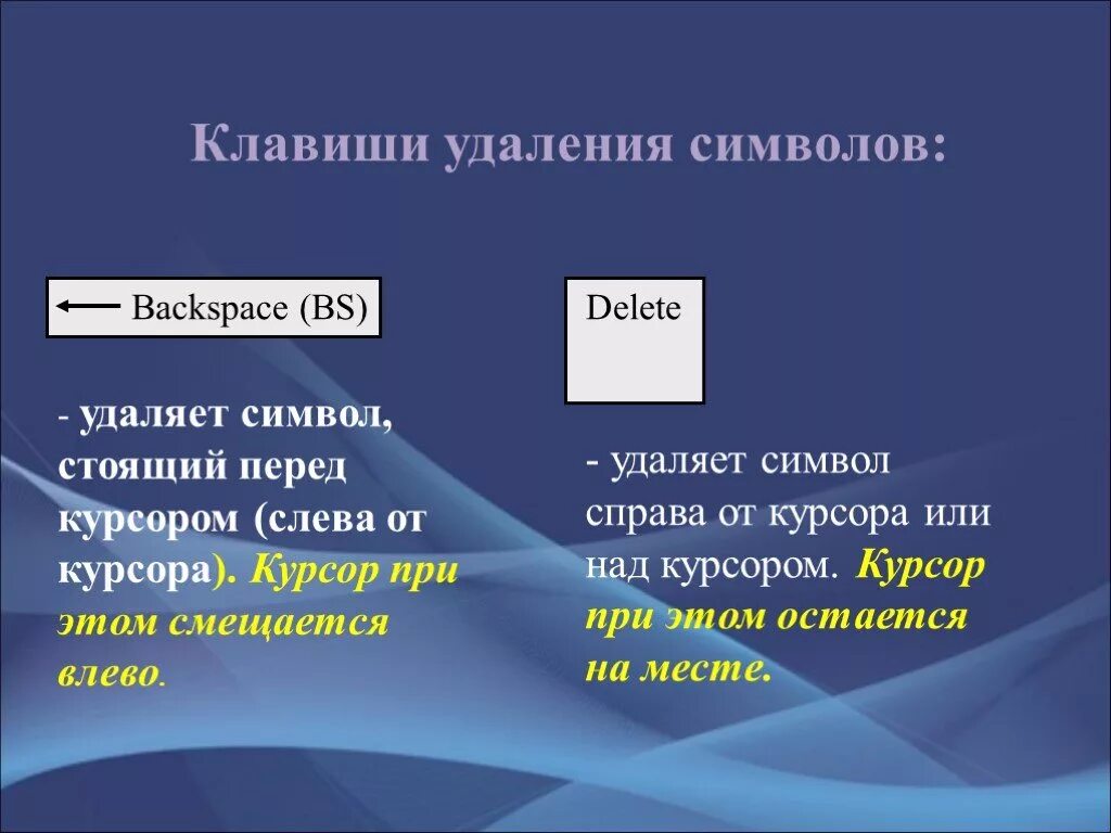 Клавиша удаления слева от курсора. Клавиша для удаления символа слева от курсора. Смволысправаоткурсораудаляютклавеше. Удаляет символы справа от курсора. Символ справа от курсора удаляется клавишей.