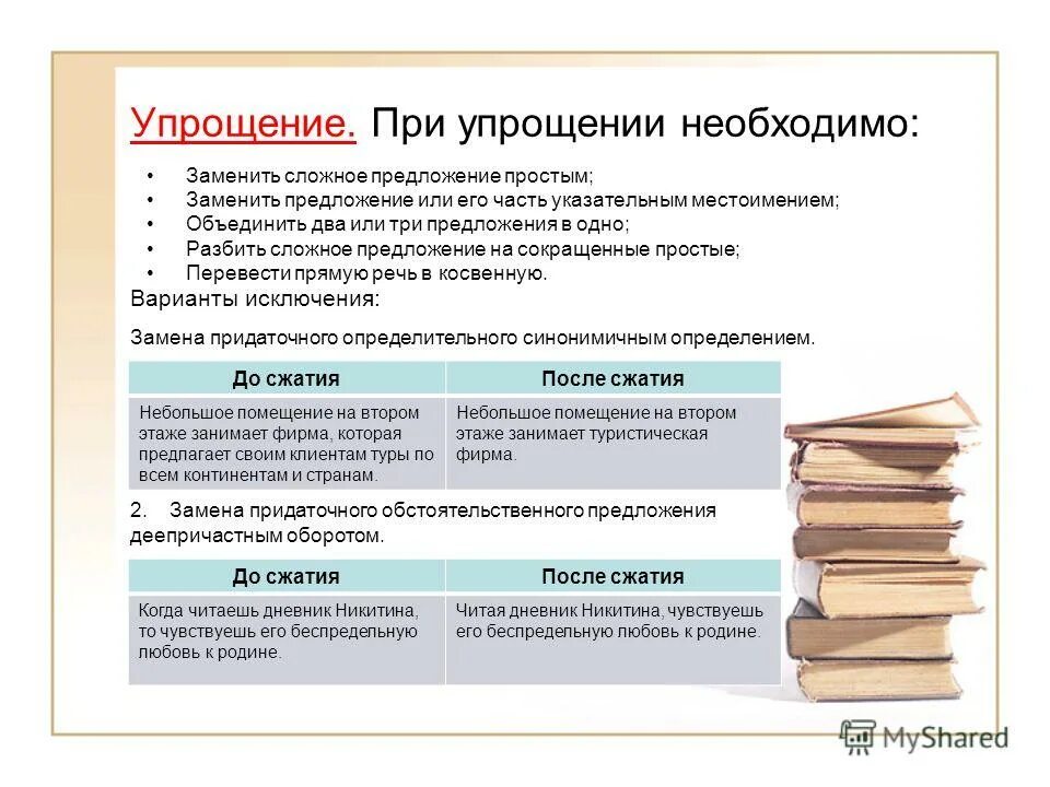 Перевести несколько предложений. Примеры упрощения в русском языке. Упрощение рцсски йпримеры. Упрощение (замена) — это…. Примеры упрощения текста.