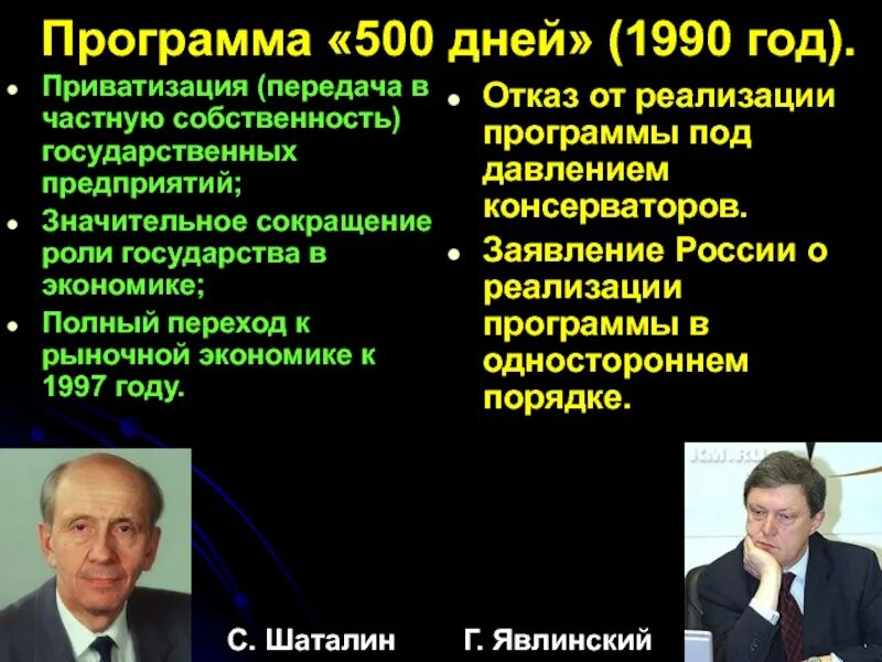 Явлинского. Результаты программы 500 дней. Явлинского «500 дней» предусматривала:. Шаталина и г. А явлинского предполагала.