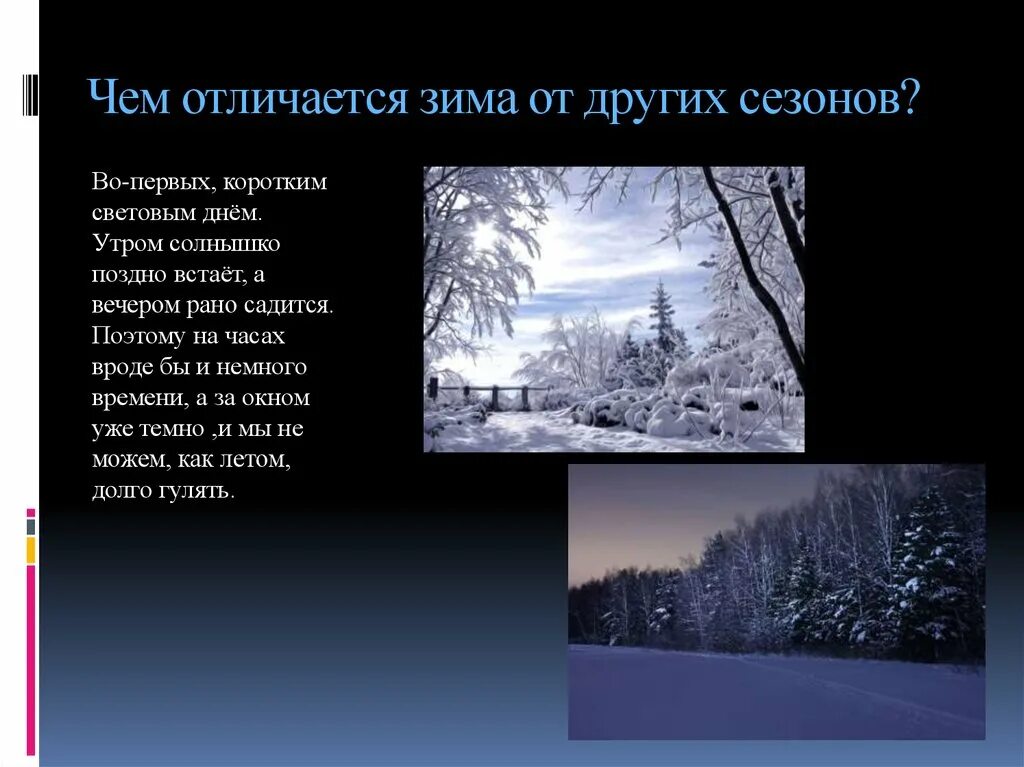 Как отличить зимний. Отличия зима. Отличие зимы от лета. Чем отличается зима от других времен года. Разница зимнее.