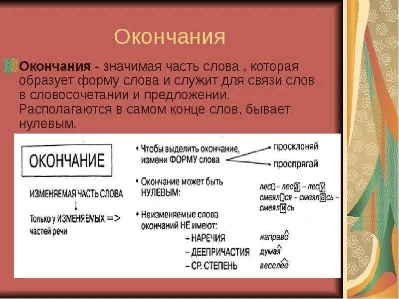 Служит для связи в словосочетании. Окончание это значимая часть слова которая образует. Значимая часть слова которая образует формы слова это. Словообразование и орфография. Окончание значимое часть слова которая образует ... Слова.