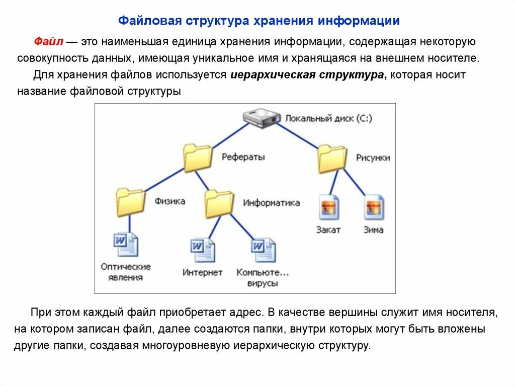 Получить информацию о файле. Файловая структура хранения информации. Структура файлового хранилища. Структура файловой системы на диске. Система хранения данных схема.