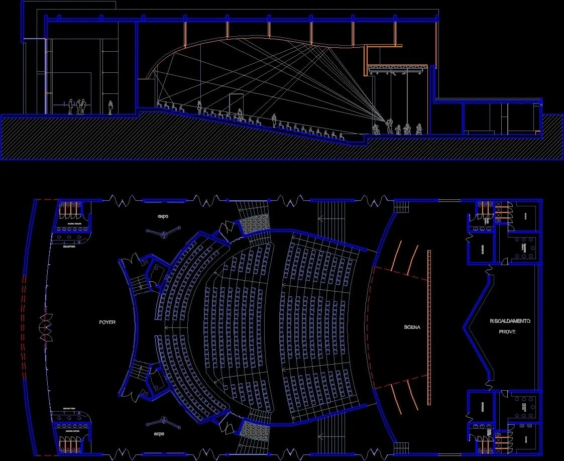 Проект театра. План театра. Театр Автокад. Разрез театра в автокаде.