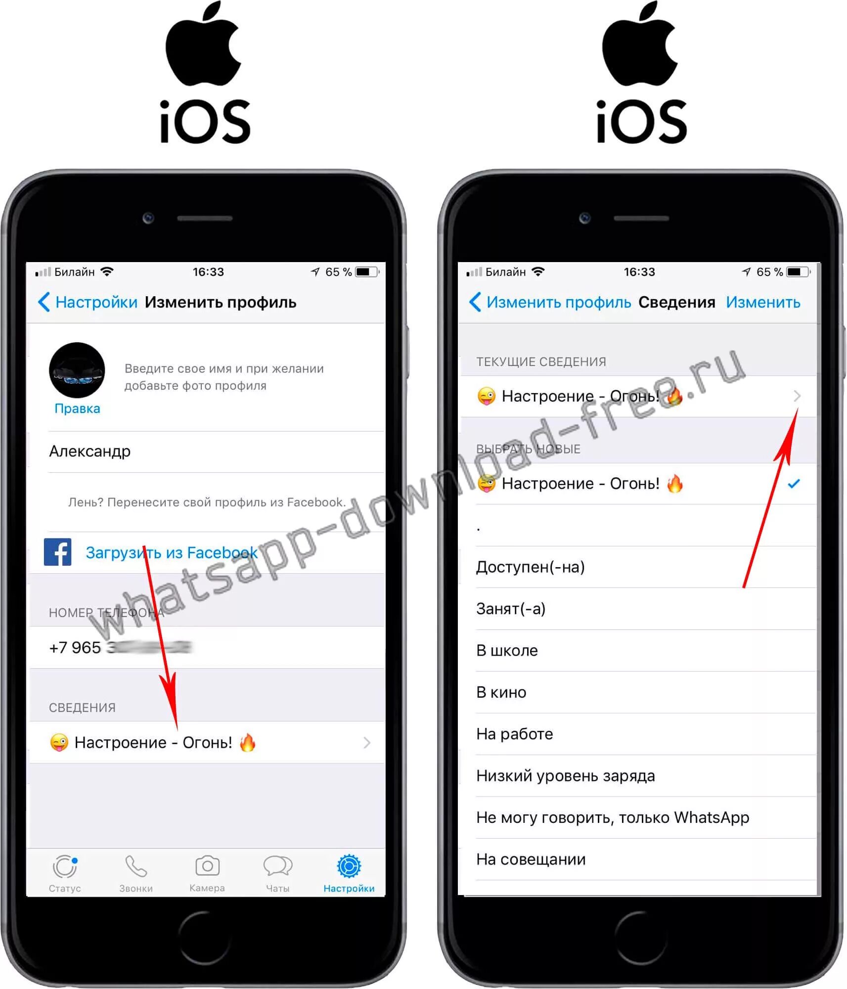 Как удалить статус в whatsapp. Как изменить статус в whatsapp. статус в ватсап на айфоне. как поменять тему в ватсап на айфоне. как поменять статус в ватсапе на айфоне.