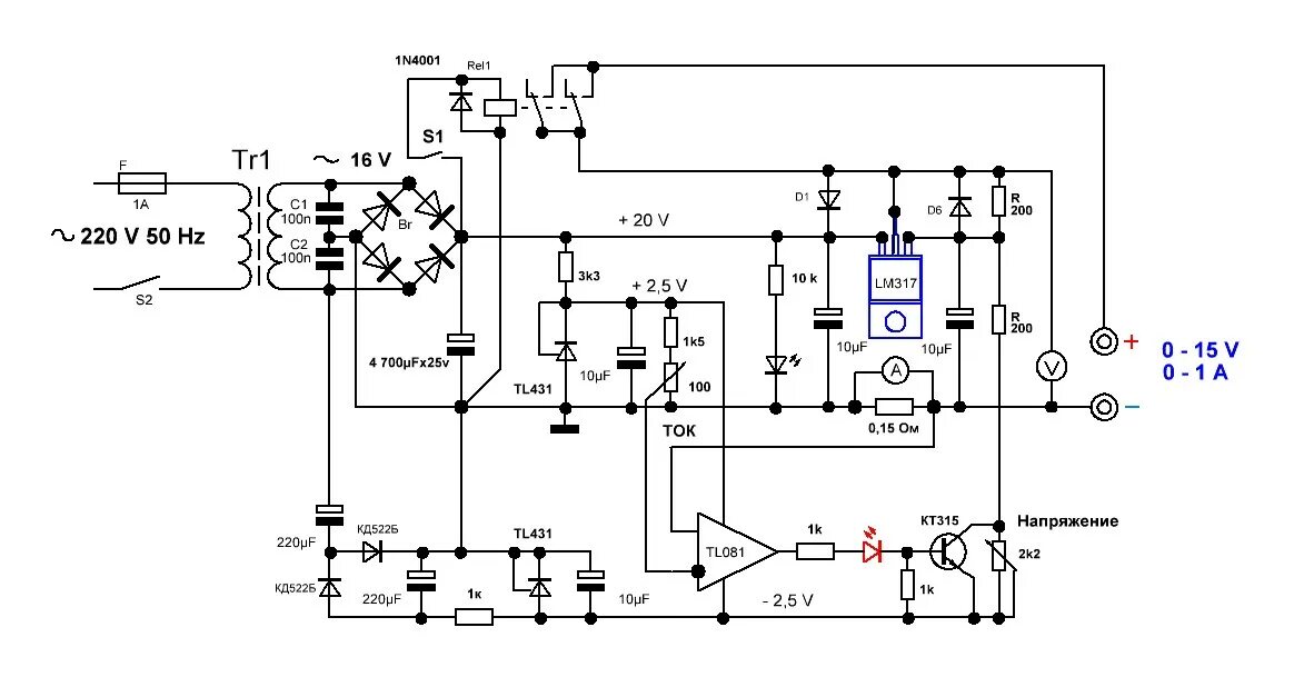 Регулируемый блок питания на lm317. Лабораторный блок питания на lm317 и lm301. схемы лабораторных блоков питания на лм317.