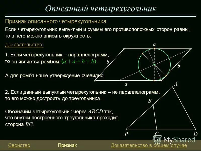 Признак описанного четырехугольника доказательство. Свойство описанного четырехугольника в окружность доказательство.