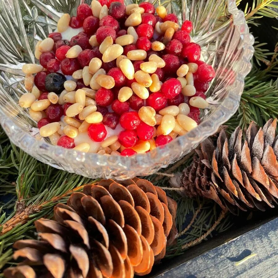 брусника со сгущенкой. сибирский десерт с кедровыми орешками. алтайский десерт с брусникой. брусника с кедровыми орешками и медом. брусника со сгущенкой.