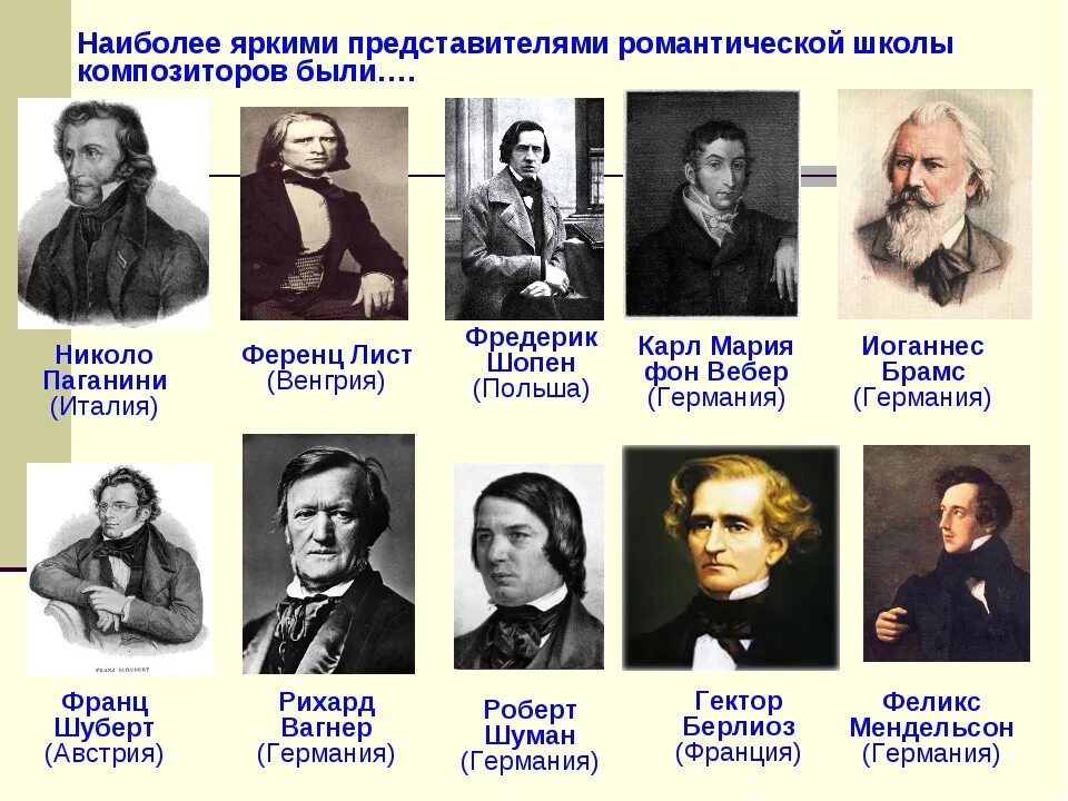 Русские писатели названия. Представители романтизма 19 века композиторы. Великие композиторы 18-19 века. Зарубежные композиторы. Произведения русских и зарубежных композиторов.