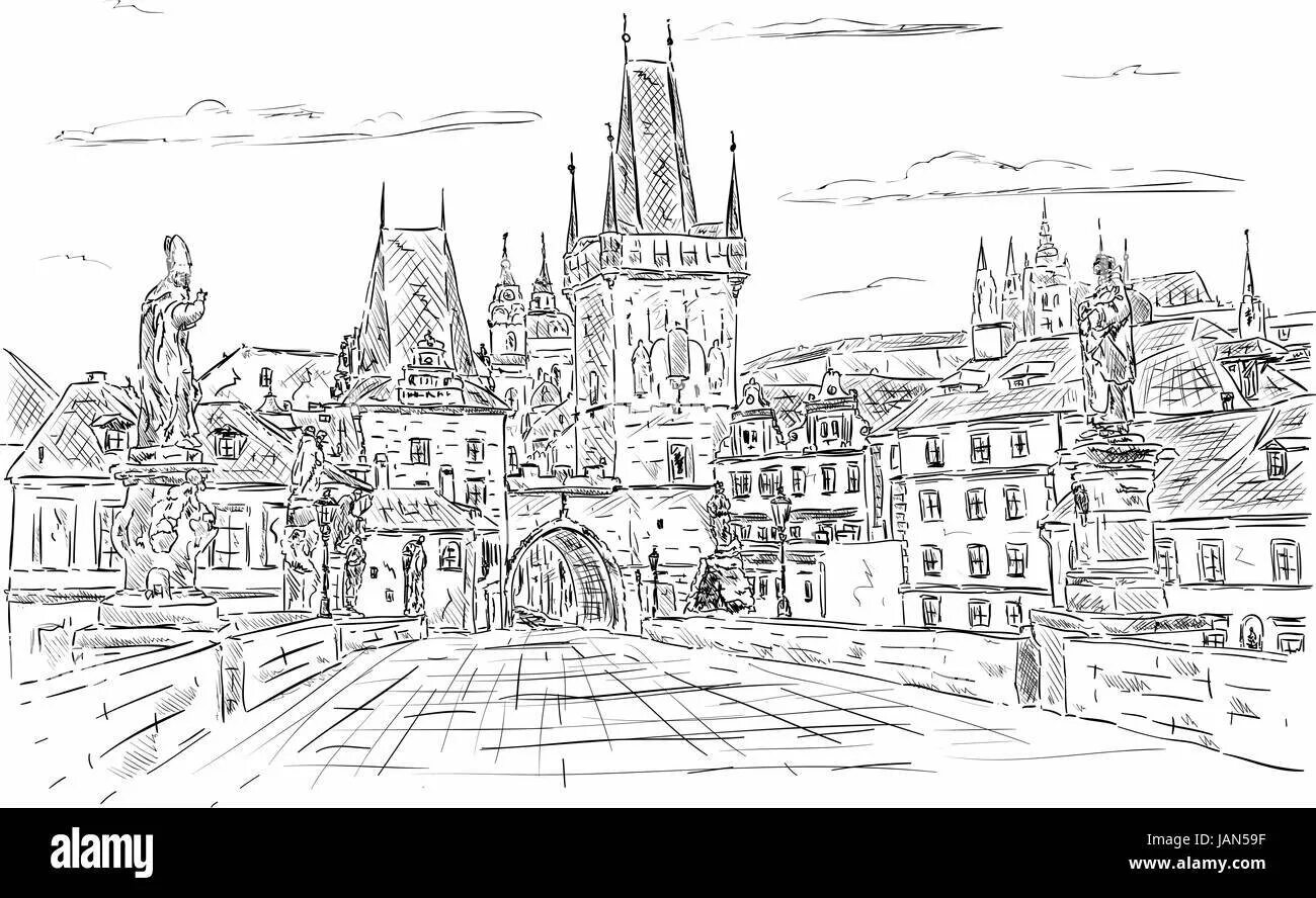 Нарисовать площадь средневекового города. Раскраски Праг Карлов мост. Карлов мост Прага вектор. Средневековый город рисунок. Эскиз средневекового города.