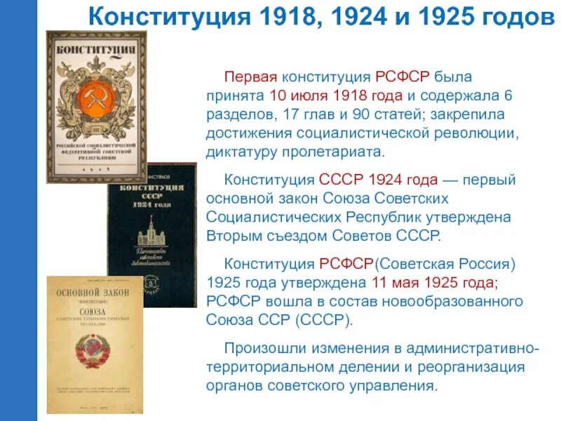 Нормативные акты 1 конституция российской. Первая Конституция России 1918 - 1925. Конституция РСФСР 1918 изменения. Конституция 1918 года и Конституция 1925. Первая Конституция 1924 года.