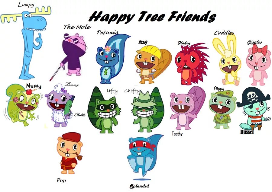 Happy tree friends 2016. HTF имена персонажей. Хэппи три френдс персонажи. Имена всех персонажей Хэппи три френдс. Happy Tree friends персонажи с именами.