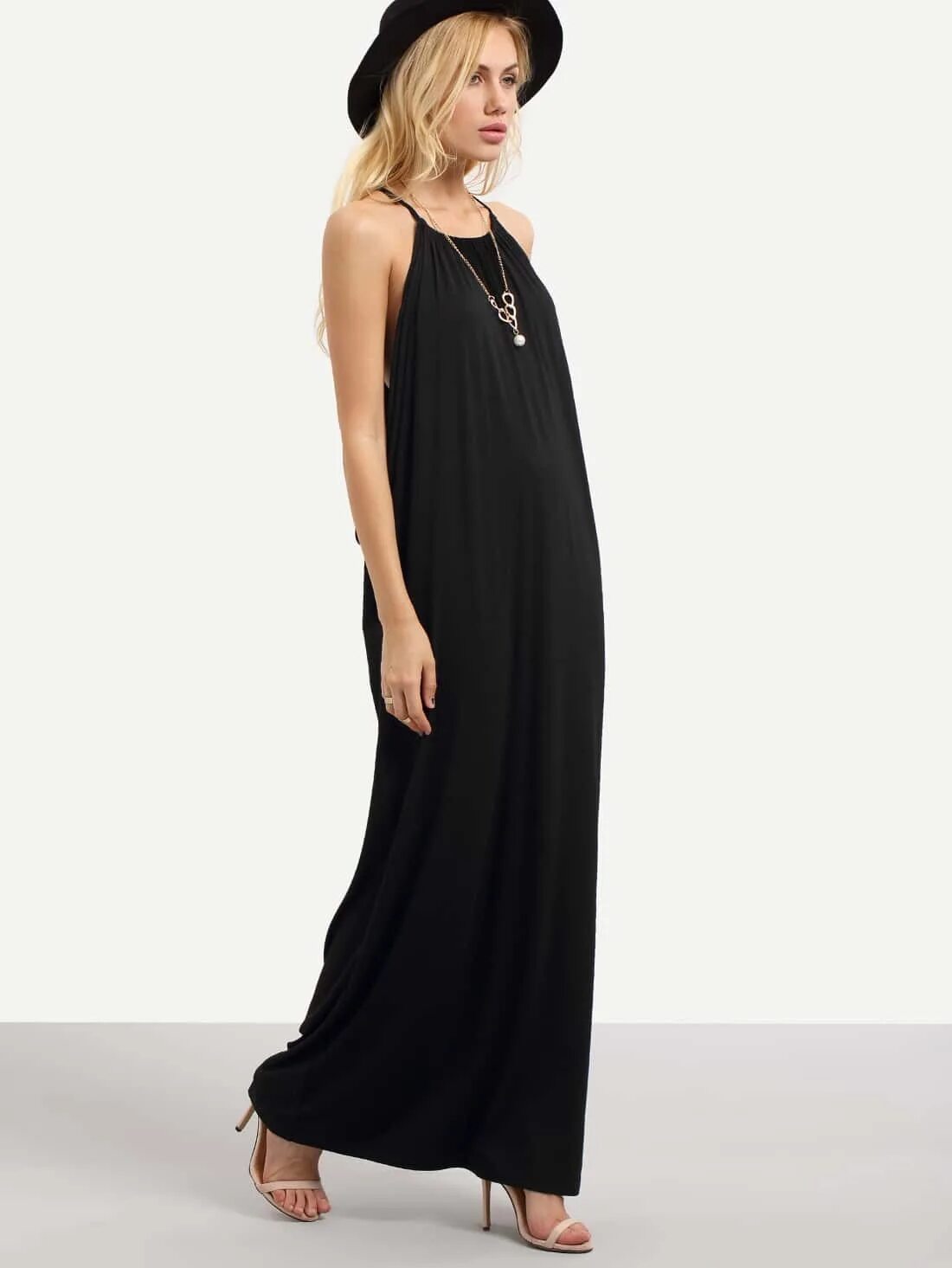 платье макси на тонких бретелях. сарафан из черного льна. черное длинное платье. длинный черный сарафан на бретельках. сарафан темный.