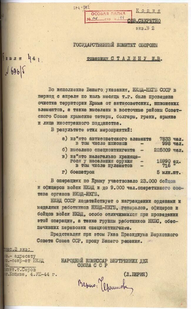 Докладная записка л.п. Берии и.в. Сталину. Докладная записка наркому внутренних дел СССР Берии. Указ Сталина о выселении крымских татар 1944. Докладная записка Берии. О депортации указ