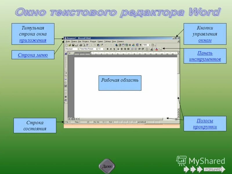 Укажите элементы окна текстового процессора