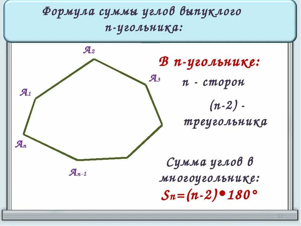 Чему равна сумма углов выпуклого угольника. Формула суммы углов выпуклого n угольника. Выпуклый n угольник. Сумма углов многоугольника формула. Формула нахождения суммы углов выпуклого n-угольника.