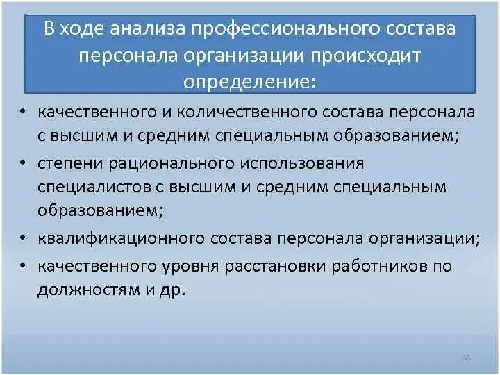 Количественный и качественный состав персонала организации. Методы анализа количественного и качественного состава персонала. Анализ качественного состава персонала. Ход анализа.