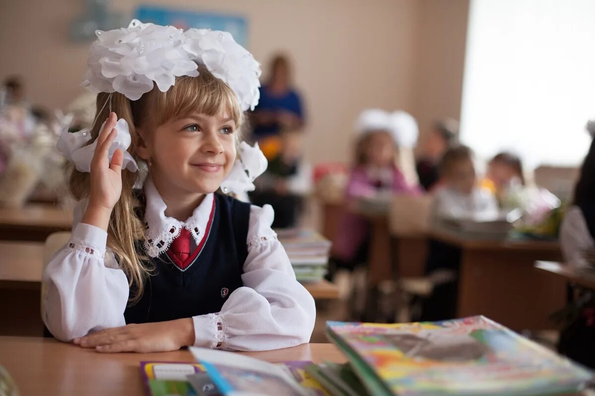 Ученица пришла в школу. Школьники 1 сентября. Дети в школе за партой. Готовим к школе. К школе готов.