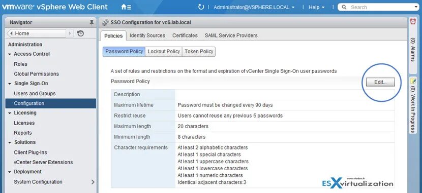 Default user password. Password Policy. VMWARE password. VCENTER login default. VSPHERE 7 Global permissions.