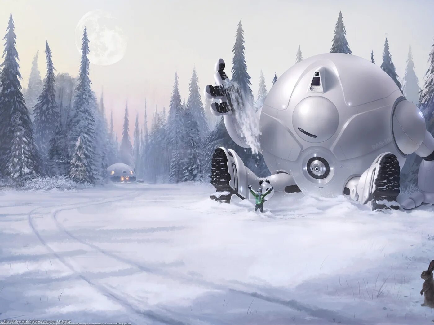 Нейт Халлинан. Зима фэнтези. Зимний робот. Снег арт.