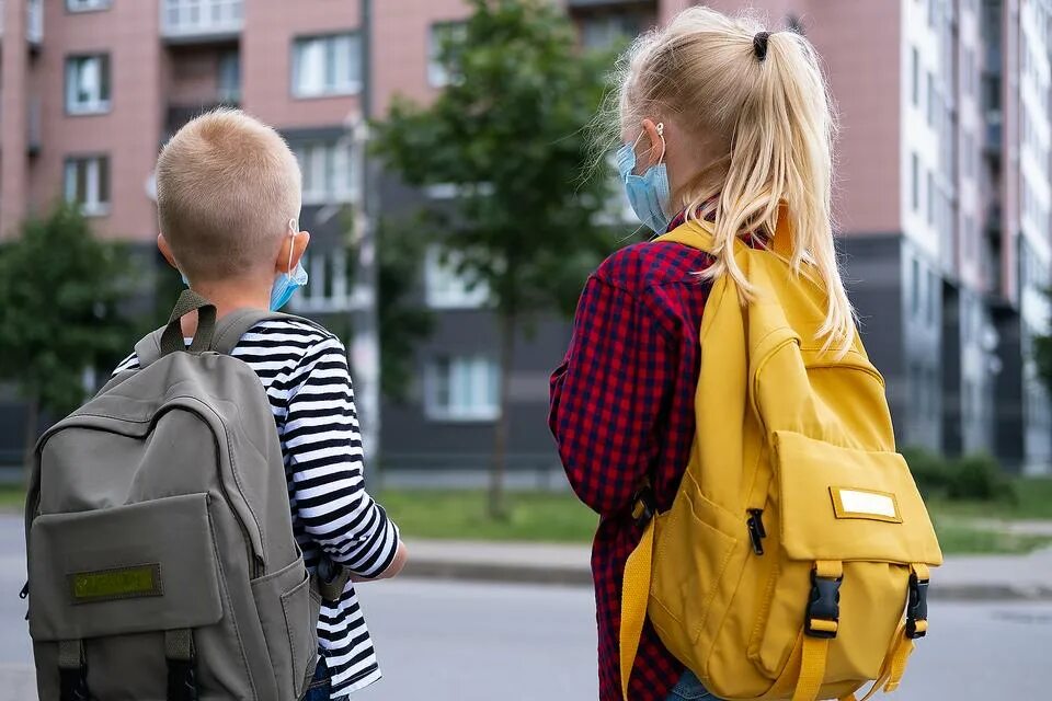 Брат и сестра идут в школу. Сестры идут в школу спиной. Брат и с естра идут в школу. Going to School.