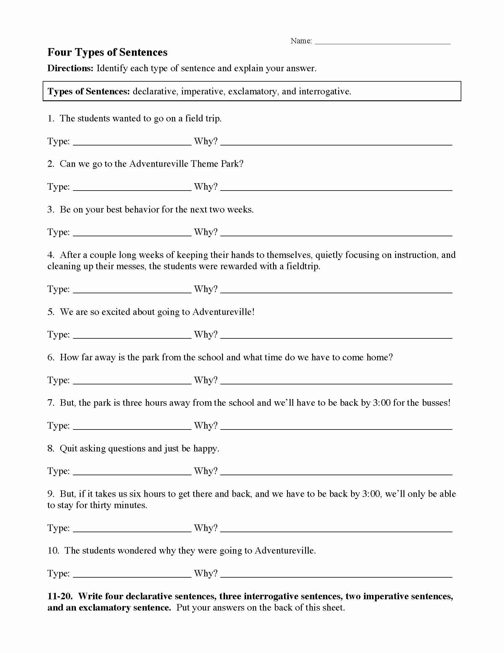 Types of sentences. Types of sentences Worksheets. Imperative sentences Worksheets. Types of sentences exercises. Write the type of sentences