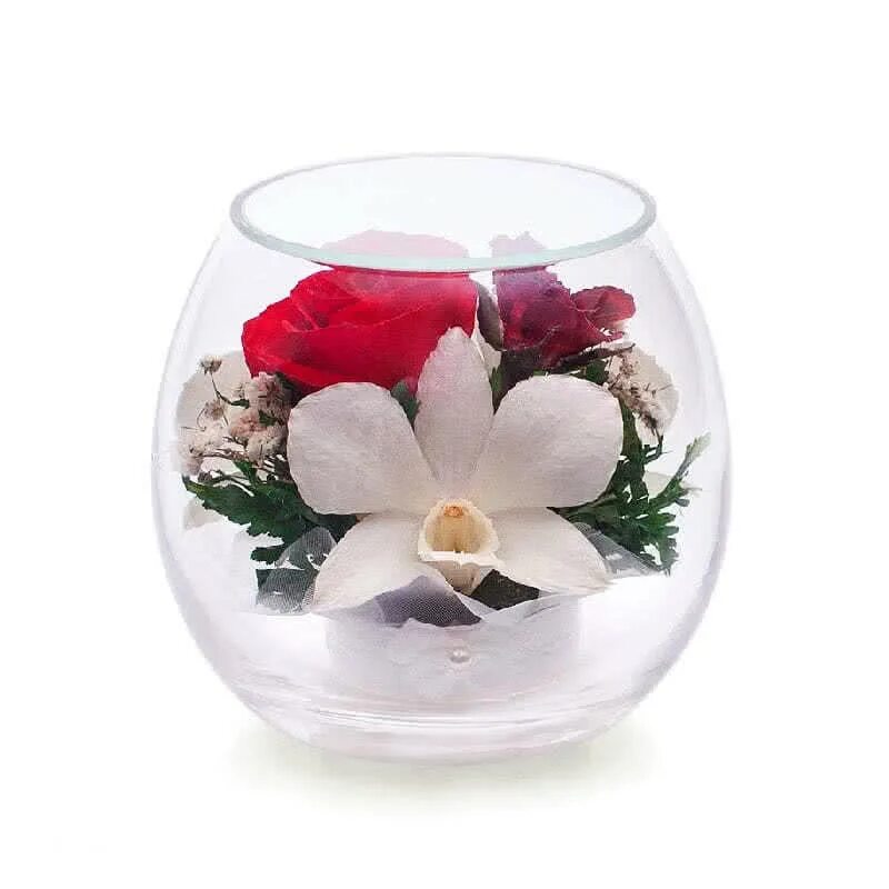 Стабилизированные цветы в стекле. Цветы в вакууме. Розы и орхидеи в стекле. Композиция из роз и орхидей.
