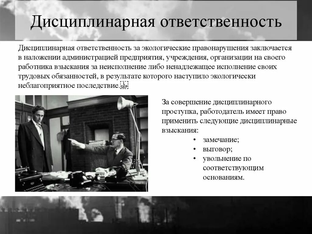 Виды наказания дисциплинарного правонарушения. Дисциплинарная ответственность. Дисциплинарная ответственность за экологические правонарушения. Дисциплинарное взыскание за экологические проступки.