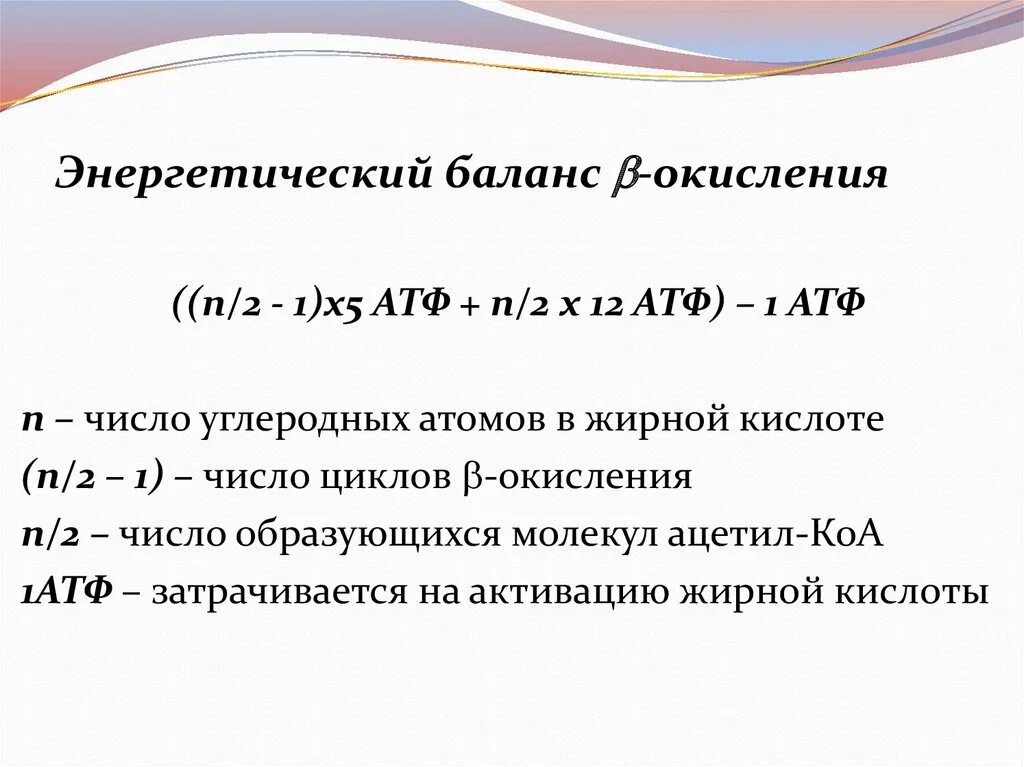 1 моль атф. Энергетическая эффективность одного оборота бета окисления формула. Энергетическая эффективность 1 оборота бета окисления. Энергетический баланс бета окисления жирных кислот. Энергетический баланс β-окисления формула.