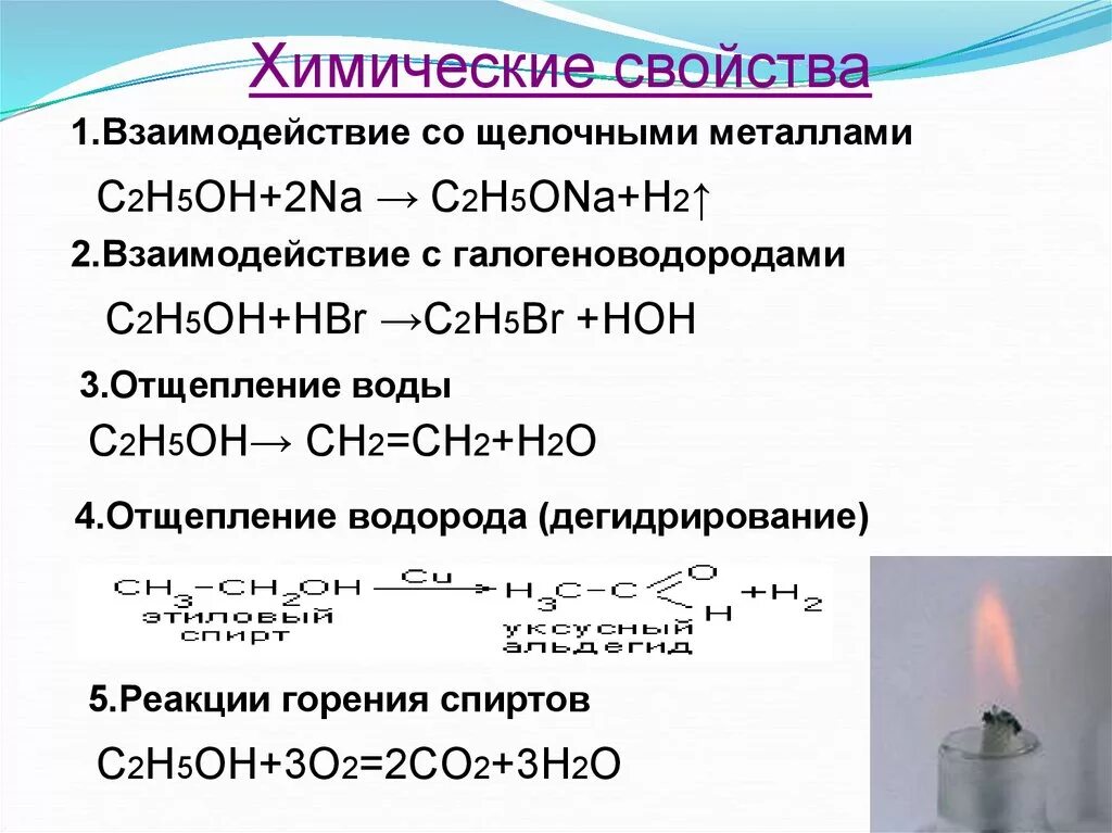 Реакция спиртов с активными металлами реакция. Химические свойства спиртов реакции отщепления. Взаимодействие спиртов с галогеноводородами. Химические свойства спирта ch3. Уравнения реакций горения натрия