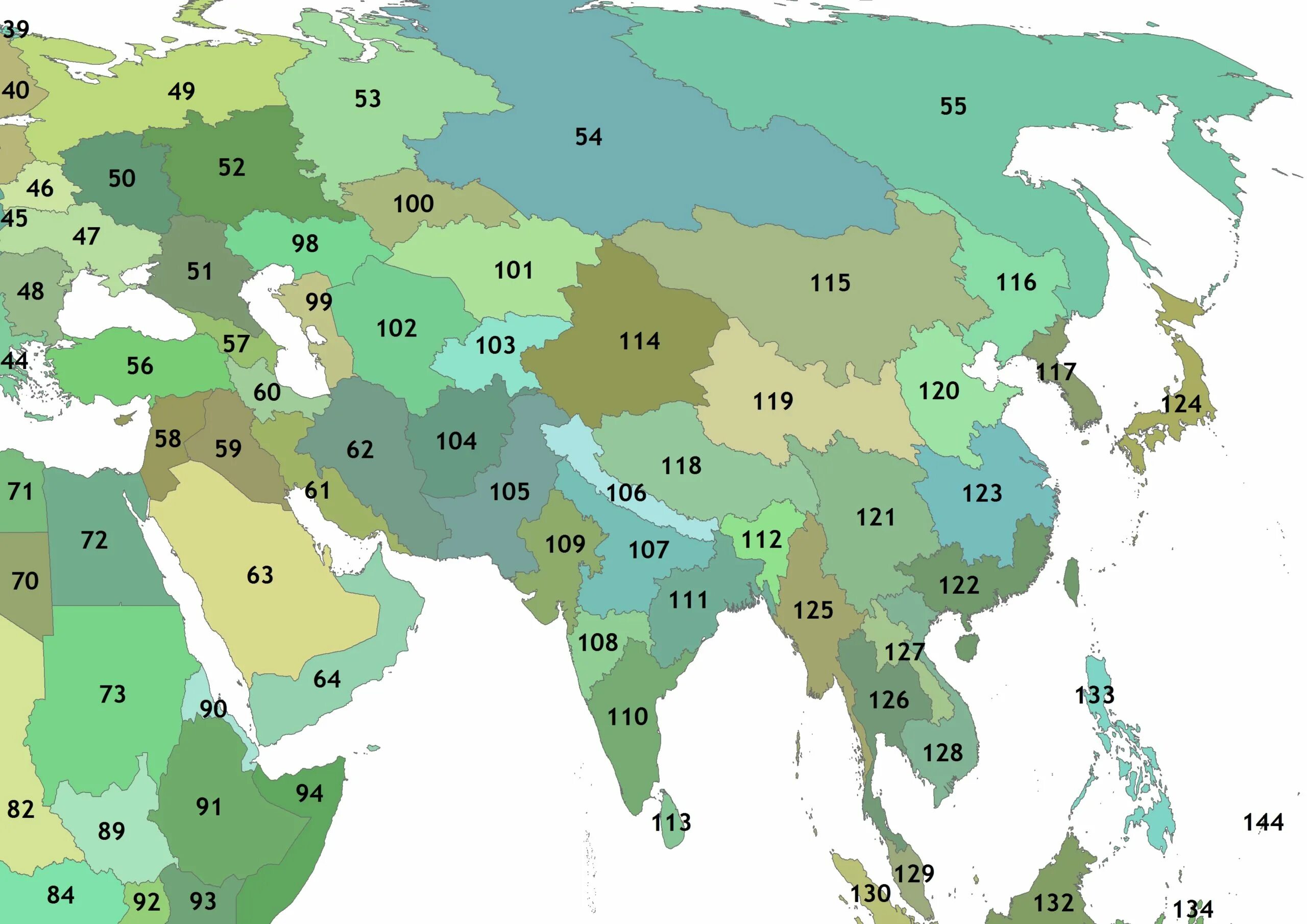 Asia region. EECA регион. Карта со странами СНГ, Азия и Китая. Rest of Asia Region.