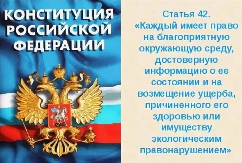 Статья 42 российской федерации. Статья 42 Конституции. Статья 42 Конституции РФ. Конституция РФ ст.42,58. Конституция каждый имеет право на благоприятную окружающую среду.