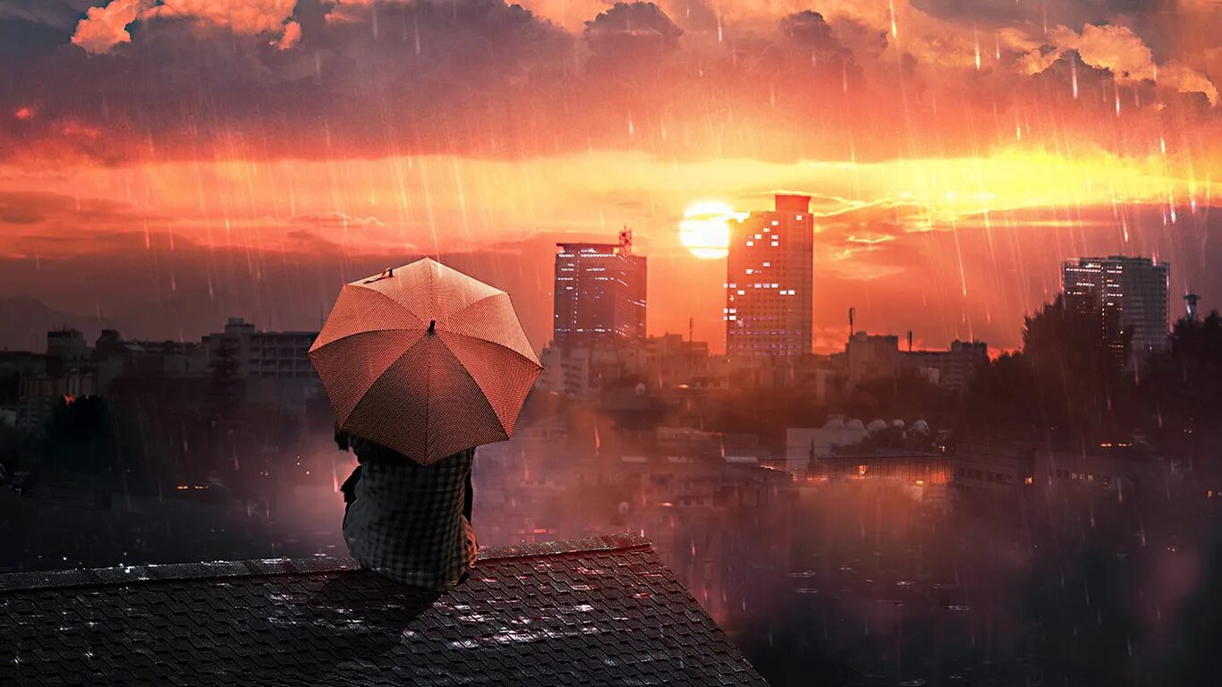 Закат в городе. Дождь и солнце. Дождь картинки. Обои для одиноких.