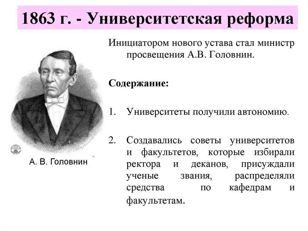 Г новый университетский устав. А В Головнин министр Просвещения. Университетская реформа 1863. А.Головнин реформа. Университетская реформа 1863 кратко.