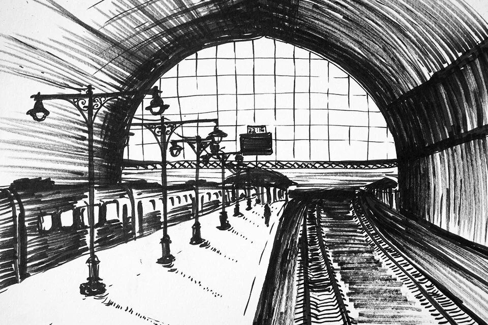 Перспектива м москва. Витебский вокзал Перон 20 век. Станция вокзал Вашингтонского метрополитена. Наброски на вокзале. Поезд в перспективе.