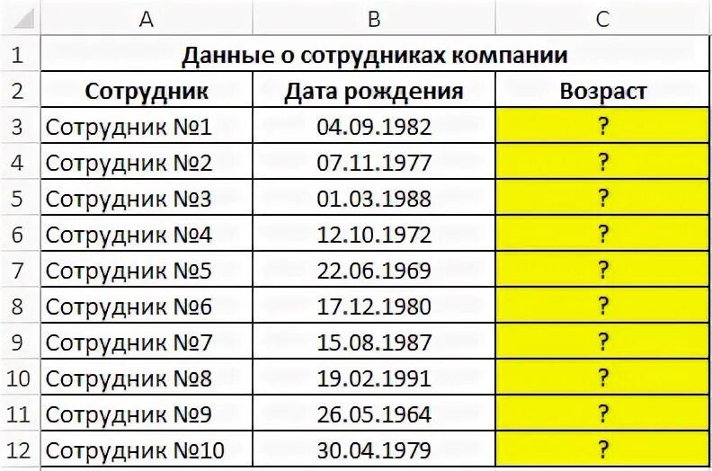 Узнать дату по возрасту. Как вычислить Возраст в экселе. Формула вычисления в эксель возраста. Расчет возраста в excel. В экселе посчитать Возраст.