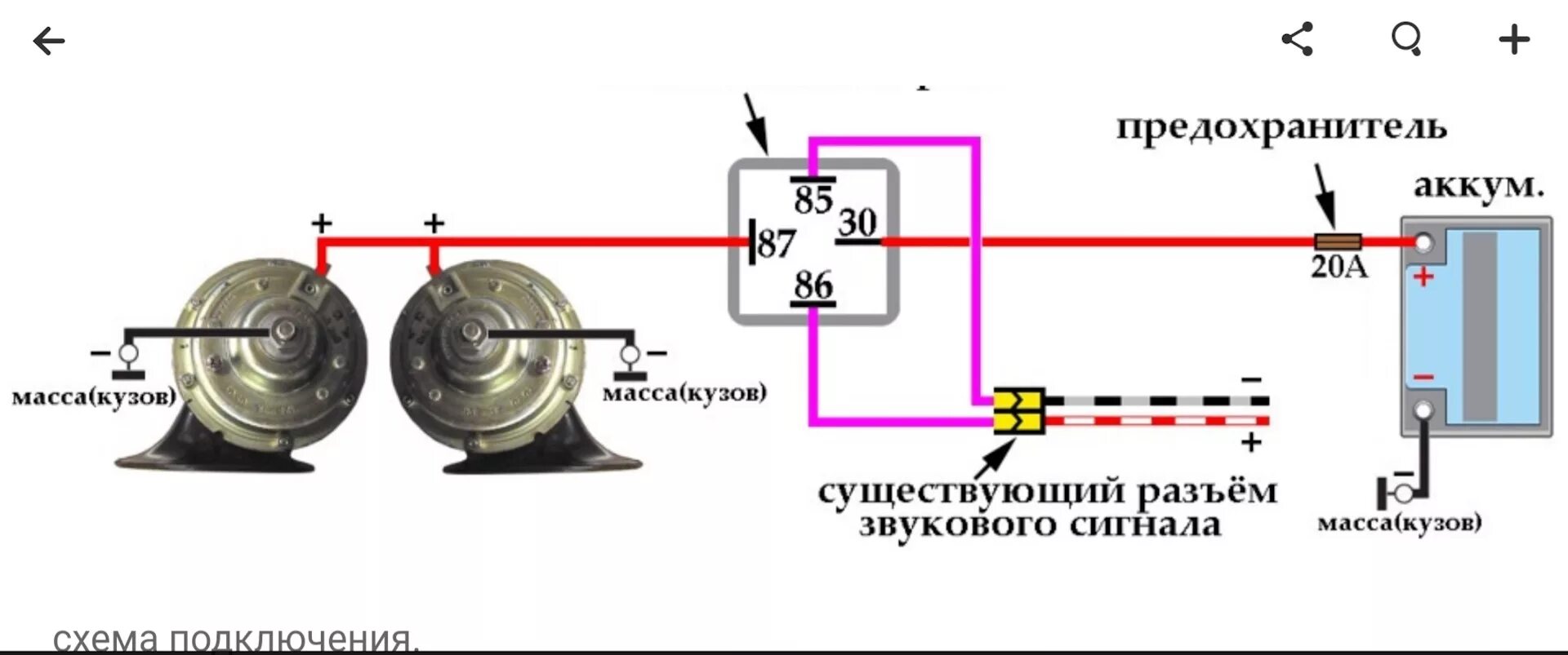 Схема подключения Волговского сигнала через 4-х контактное реле, на автомобили с