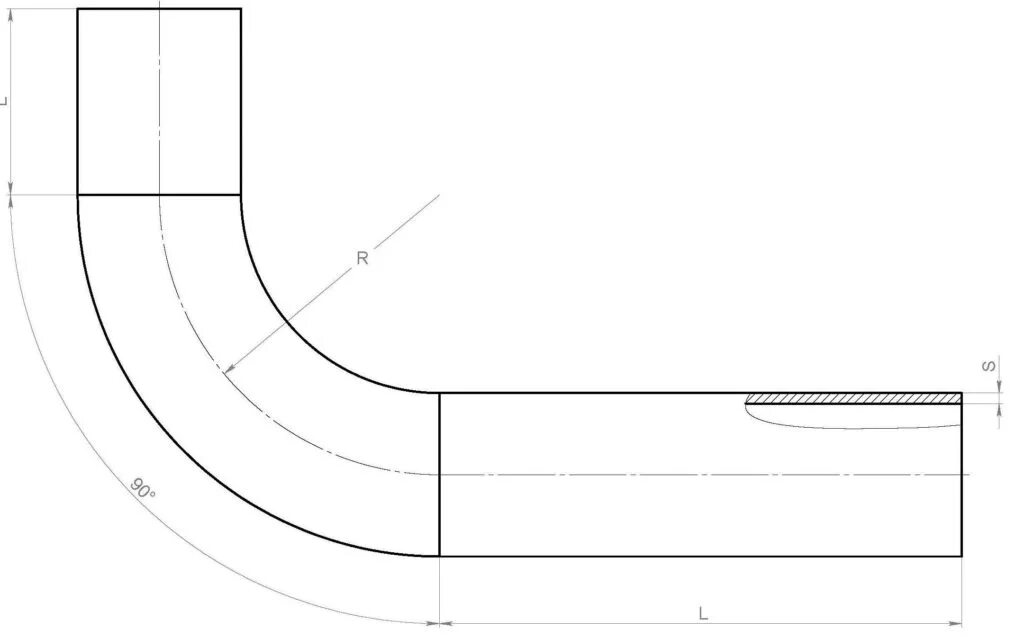 Гиб 90. Угол 90 градусов для трубы 32 мм. Труба с отводом чертеж. Трубный отвод 5dn. Чертеж отвода ПЭ-300.