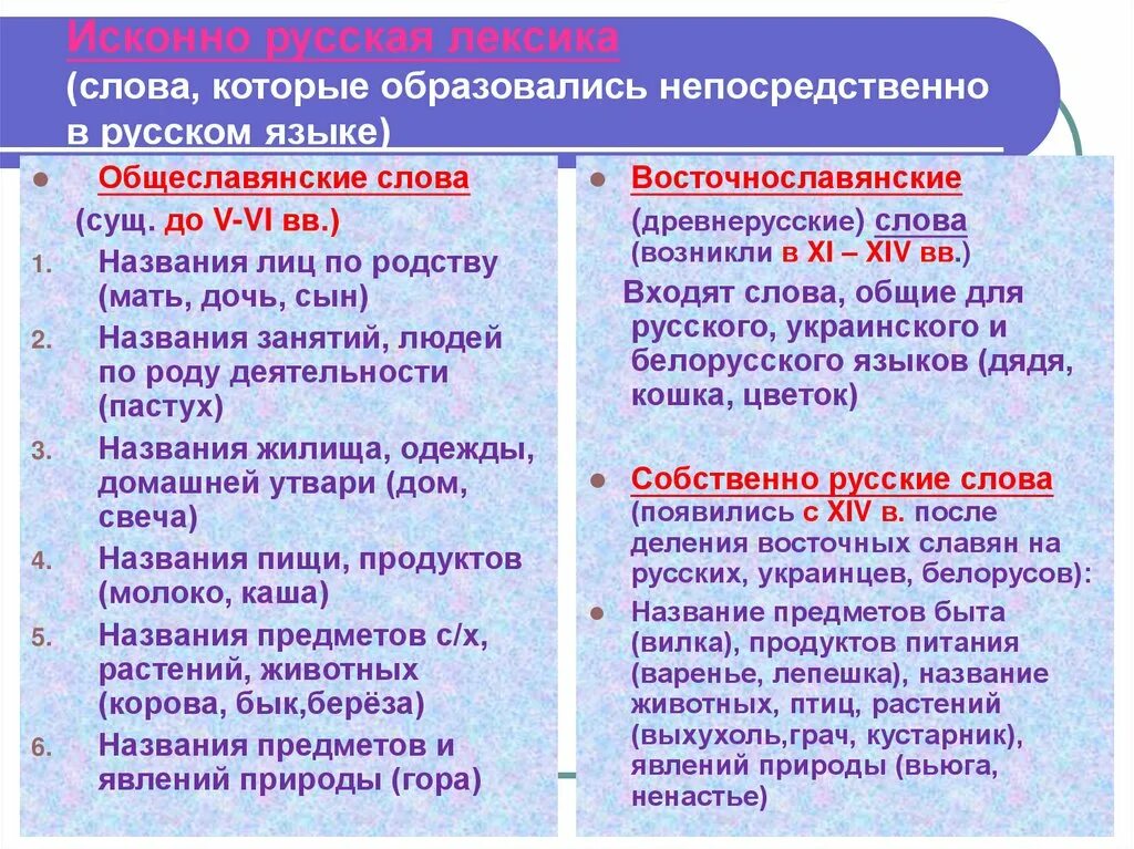 Русская лексика с точки зрения ее происхождения и употребления. Лексика с точки зрения происхождения. Исконно русская лексика. Исконно русская лексика и её особенности.