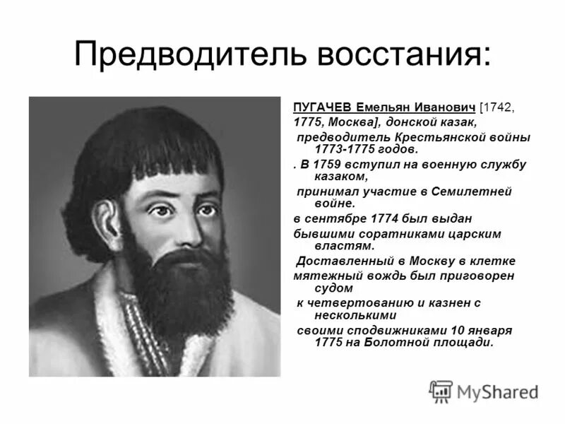 Тест 8 класс история россии восстание пугачева. Пугачев предводитель Восстания образ Емельяна Пугачева. Предводитель Восстания 1773 - 1775 г.г..